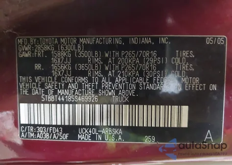 2005 Toyota Tundra Sr5 V8 from USA, damaged, VIN 5TBBT44185S469926